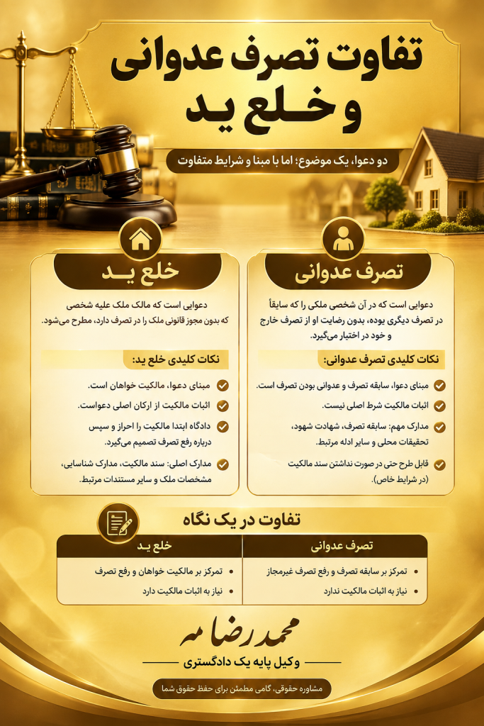 تفاوت تصرف عدوانی و خلع ید چیست؟ بررسی شرایط، مدارک و نحوه طرح دعوا یکی از اختلافات شایع در حوزه دعاوی ملکی، زمانی ایجاد می‌شود که شخصی بدون رضایت مالک یا متصرف قانونی، ملکی را در اختیار خود قرار می‌دهد. در چنین شرایطی این سؤال مطرح می‌شود که آیا باید دعوای تصرف عدوانی مطرح کرد یا دعوای خلع ید؟ اگرچه هر دو دعوا با موضوع تصرف غیرمجاز در ملک ارتباط دارند، اما از نظر مبنا، شرایط اثبات، مدارک مورد نیاز و نحوه رسیدگی تفاوت‌های مهمی با یکدیگر دارند. تشخیص صحیح دعوا از اهمیت زیادی برخوردار است؛ زیرا انتخاب نادرست عنوان دعوا می‌تواند موجب اتلاف وقت و هزینه و حتی صدور رأی به نفع طرف مقابل شود. تصرف عدوانی چیست؟ تصرف عدوانی در مفهوم حقوقی، دعوایی است که در آن شخصی ملکی را که سابقاً در تصرف شخص دیگری بوده، بدون رضایت او از تصرف وی خارج کرده و خود آن را در اختیار گرفته است. در این دعوا، موضوع اصلی رسیدگی، سابقه تصرف خواهان و نحوه خارج شدن ملک از تصرف او است. بنابراین در دعوای تصرف عدوانی، برخلاف خلع ید، الزاماً موضوع اصلی اثبات مالکیت نیست. برای مثال، اگر شخصی سال‌ها از یک قطعه زمین استفاده و آن را در اختیار داشته باشد و شخص دیگری بدون رضایت وی زمین را تصرف کند، در صورت وجود شرایط قانونی ممکن است امکان طرح دعوای تصرف عدوانی وجود داشته باشد. خلع ید چیست؟ دعوای خلع ید معمولاً از سوی مالک ملک علیه شخصی مطرح می‌شود که بدون مجوز قانونی، ملک متعلق به او را در تصرف دارد. در این دعوا، احراز مالکیت خواهان اهمیت اساسی دارد. به بیان ساده، شخصی که دعوای خلع ید مطرح می‌کند باید بتواند مالکیت خود نسبت به ملک را اثبات کند و سپس رفع تصرف شخص متصرف را بخواهد. بنابراین یکی از مهم‌ترین تفاوت‌های تصرف عدوانی و خلع ید این است که در دعوای خلع ید، مالکیت خواهان محور اصلی دعواست؛ در حالی که در دعوای تصرف عدوانی، سابقه تصرف و خارج شدن ملک از تصرف، نقش اساسی دارد. مهم‌ترین تفاوت تصرف عدوانی و خلع ید مهم‌ترین تفاوت این دو دعوا را می‌توان در چند مورد خلاصه کرد: ۱. مبنای دعوا در تصرف عدوانی، مبنای دعوا، حمایت از تصرف سابق و جلوگیری از تصرف غیرمجاز است. در خلع ید، مبنای دعوا، حق مالکیت شخص نسبت به ملک و درخواست رفع تصرف متصرف غیرمجاز است. ۲. اثبات مالکیت در دعوای خلع ید، خواهان باید مالکیت خود را نسبت به ملک اثبات کند. اما در دعوای تصرف عدوانی، تمرکز اصلی بر اثبات سبق تصرف خواهان و عدوانی بودن تصرف خوانده است. ۳. موضوع رسیدگی در خلع ید، دادگاه ابتدا باید مالکیت خواهان را احراز کند و سپس درباره رفع تصرف تصمیم بگیرد. در تصرف عدوانی، سابقه تصرف و چگونگی خارج شدن ملک از تصرف، اهمیت ویژه‌ای دارد. ۴. مدارک مورد استفاده در دعوای خلع ید، اسناد مالکیت، سند رسمی و سایر مدارک اثبات‌کننده مالکیت می‌توانند نقش مهمی داشته باشند. در تصرف عدوانی، علاوه بر اسناد و مدارک موجود، دلایلی مانند شهادت شهود، تحقیقات محلی، گزارش‌های مربوط به تصرف و سایر ادله‌ای که سبق تصرف را نشان می‌دهند، می‌توانند مورد توجه قرار گیرند. آیا برای تصرف عدوانی سند مالکیت لازم است؟ یکی از پرسش‌های متداول این است که آیا شخصی که سند مالکیت ندارد می‌تواند دعوای تصرف عدوانی مطرح کند؟ پاسخ به این پرسش به شرایط پرونده بستگی دارد. در دعوای تصرف عدوانی، محور اصلی رسیدگی، سبق تصرف است و نه صرفاً مالکیت رسمی ملک. بنابراین ممکن است شخصی بدون اینکه مالک رسمی ملک باشد، در صورت وجود شرایط قانونی، بتواند نسبت به تصرف عدوانی اقدام کند. البته تشخیص اینکه شرایط قانونی دعوای تصرف عدوانی در یک پرونده مشخص وجود دارد یا خیر، نیازمند بررسی مدارک و سابقه تصرف است. برای طرح دعوای خلع ید چه مدارکی لازم است؟ مدارک مورد نیاز با توجه به وضعیت هر پرونده متفاوت است، اما معمولاً اسناد و مدارکی مانند موارد زیر اهمیت دارند: - سند مالکیت یا مدارک اثبات‌کننده مالکیت - مشخصات دقیق ملک - مدارک هویتی خواهان - مستندات مربوط به تصرف خوانده - قراردادها یا توافقات احتمالی میان طرفین - اظهارنامه، در صورت وجود - گزارش کارشناسی یا تأمین دلیل، در صورت انجام - سایر مدارکی که رابطه مالکیت و تصرف را اثبات می‌کنند قبل از طرح دعوا بهتر است اسناد و مدارک توسط وکیل یا متخصص دعاوی ملکی بررسی شود تا عنوان صحیح دعوا مشخص شود. برای تصرف عدوانی چه مدارکی اهمیت دارد؟ در دعوای تصرف عدوانی، مدارکی که بتوانند سابقه تصرف خواهان و تصرف بعدی خوانده را اثبات کنند، اهمیت دارند. از جمله این مدارک می‌توان به شهادت شهود، قبوض و مدارک مربوط به استفاده از ملک، قراردادهای سابق، گزارش‌های مربوط به تصرف، تحقیقات محلی و سایر مستندات مرتبط اشاره کرد. البته صرف ارائه یک مدرک به تنهایی الزاماً برای اثبات ادعا کافی نیست و ارزش اثباتی هر دلیل با توجه به شرایط پرونده و سایر مستندات ارزیابی می‌شود. تصرف عدوانی یا خلع ید؛ کدام دعوا باید مطرح شود؟ پاسخ این سؤال برای همه پرونده‌ها یکسان نیست. اگر محور اصلی پرونده، مالکیت رسمی و درخواست رفع تصرف از ملک متعلق به خواهان باشد، ممکن است دعوای خلع ید مطرح شود. در مقابل، اگر موضوع اصلی، سبق تصرف خواهان و خارج شدن ملک از تصرف وی به صورت غیرمجاز باشد، بررسی امکان طرح دعوای تصرف عدوانی اهمیت پیدا می‌کند. گاهی نیز وضعیت پرونده به‌گونه‌ای است که علاوه بر دعاوی ملکی، موضوعاتی مانند مطالبه اجرت‌المثل ایام تصرف، قلع و قمع بنا یا سایر خواسته‌های مرتبط نیز مطرح می‌شود. به همین دلیل، تعیین عنوان دقیق خواسته پیش از ثبت دادخواست اهمیت زیادی دارد. تفاوت تصرف عدوانی و خلع ید در یک نگاه به طور خلاصه، می‌توان گفت: تصرف عدوانی: تمرکز بر سابقه تصرف و رفع تصرف غیرمجاز است. خلع ید: تمرکز بر مالکیت خواهان و رفع تصرف شخصی است که بدون مجوز قانونی ملک را در اختیار دارد. بنابراین صرف اینکه شخصی مالک ملک باشد، همیشه به این معنا نیست که مناسب‌ترین عنوان دعوا برای پرونده او تصرف عدوانی است. همچنین صرف وجود سابقه تصرف نیز به معنای آن نیست که دعوای خلع ید قابل طرح نیست. شرایط واقعی پرونده و مدارک موجود باید به صورت دقیق بررسی شود. نتیجه‌گیری تفاوت تصرف عدوانی و خلع ید یکی از موضوعات مهم در دعاوی ملکی است. در دعوای تصرف عدوانی، سابقه تصرف و نحوه خارج شدن ملک از تصرف اهمیت ویژه‌ای دارد، در حالی که در دعوای خلع ید، اثبات مالکیت خواهان و تصرف غیرمجاز خوانده از ارکان مهم دعوا محسوب می‌شود. انتخاب عنوان صحیح دعوا، بررسی اسناد مالکیت، تشخیص ادله قابل استناد و تنظیم دقیق خواسته می‌تواند تأثیر قابل توجهی بر روند پرونده داشته باشد. به همین دلیل، پیش از اقدام قضایی در پرونده‌های مربوط به تصرف، خلع ید و اختلافات ملکی، بررسی دقیق وضعیت ملک و مدارک موجود توصیه می‌شود. در صورت نیاز به بررسی پرونده و انتخاب مسیر حقوقی مناسب، می‌توانید برای دریافت مشاوره حقوقی با محمدرضا مه، وکیل پایه یک دادگستری، ارتباط برقرار کنید. نکته درباره حق‌الوکاله: در خصوص برخی دعاوی ملکی و دعاوی این‌چنینی، با توجه به شرایط پرونده و توافق با موکل، حق‌الوکاله در برخی موارد می‌تواند به صورت مؤخر و در پایان کار دریافت گردد. شرایط و نحوه پرداخت حق‌الوکاله پس از بررسی پرونده و توافق طرفین مشخص خواهد شد. سوالات متداول درباره تصرف عدوانی و خلع ید آیا تصرف عدوانی همان خلع ید است؟ خیر. اگرچه هر دو دعوا با موضوع تصرف ملک ارتباط دارند، اما مبنای حقوقی و موضوع اثبات آنها متفاوت است. در تصرف عدوانی، سبق تصرف اهمیت دارد؛ در خلع ید، مالکیت خواهان نقش اساسی دارد. آیا بدون سند می‌توان دعوای تصرف عدوانی مطرح کرد؟ در برخی شرایط، بله. زیرا در دعوای تصرف عدوانی، اثبات سبق تصرف اهمیت دارد و الزاماً موضوع اصلی، اثبات مالکیت رسمی نیست. البته شرایط پرونده باید بررسی شود. آیا برای خلع ید باید مالک ملک باشیم؟ اصل بر این است که خواهان دعوای خلع ید باید مالکیت خود نسبت به ملک را اثبات کند. آیا می‌توان هم‌زمان مطالبه اجرت‌المثل نیز کرد؟ با توجه به شرایط پرونده و مبنای حقوقی خواسته، ممکن است امکان مطالبه اجرت‌المثل ایام تصرف نیز وجود داشته باشد. این موضوع باید بر اساس وضعیت ملک، مدت تصرف و مدارک پرونده بررسی شود. برای انتخاب بین تصرف عدوانی و خلع ید چه کاری انجام دهیم؟ بهتر است پیش از ثبت دادخواست، سند مالکیت، سابقه تصرف، نحوه تصرف طرف مقابل و سایر مدارک پرونده بررسی شود تا عنوان و خواسته مناسب انتخاب شود.